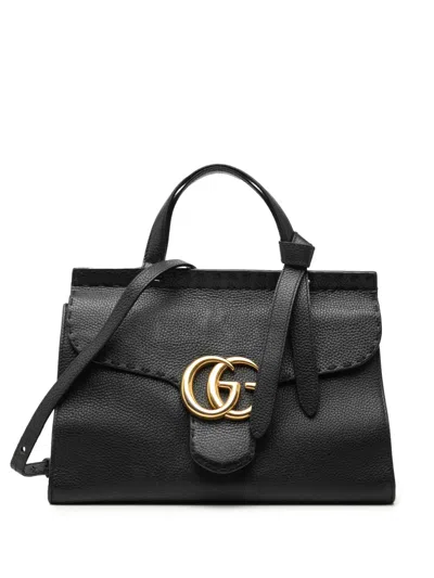 Pre-owned Gucci 2000-2015 Small Gg Marmont Grained Calfskin Top Handle Satchel In Black