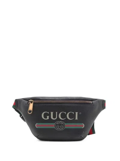 Pre-owned Gucci 2000-2015 Small Grained Calfskin Web Logo Belt Bag In Black