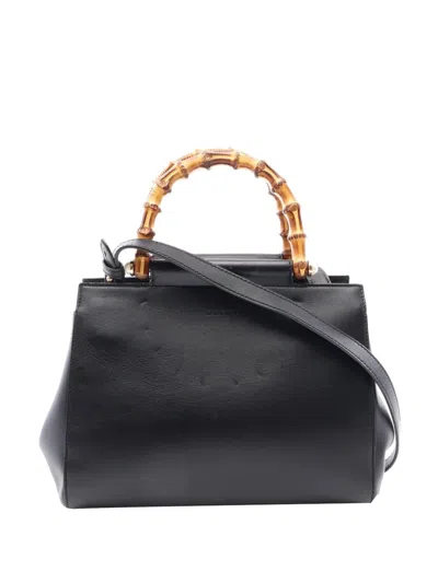 Pre-owned Gucci 2000-2015 Small Leather Bamboo Nymphaea Satchel In Black