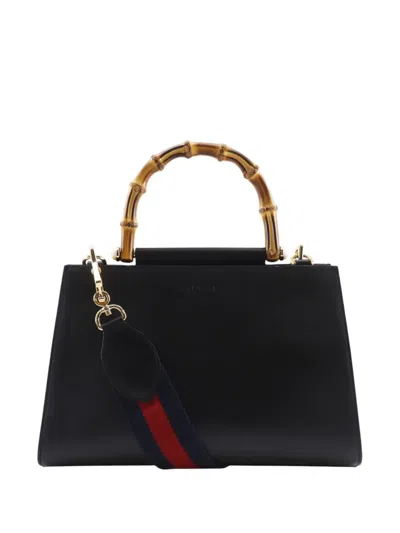 Pre-owned Gucci 2000-2015 Small Leather Bamboo Nymphaea Web Satchel In Black
