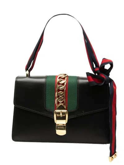 Pre-owned Gucci 2000-2015 Small Leather Web Sylvie Satchel In Black