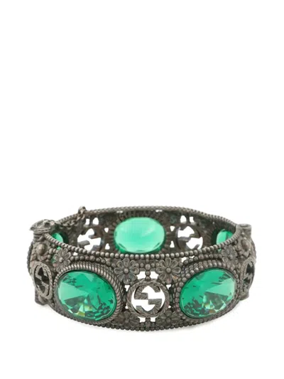 Pre-owned Gucci 2000-2015 Sterling Silver And Stone Interlocking G Flower Hinged Bangle Bracelet In Green