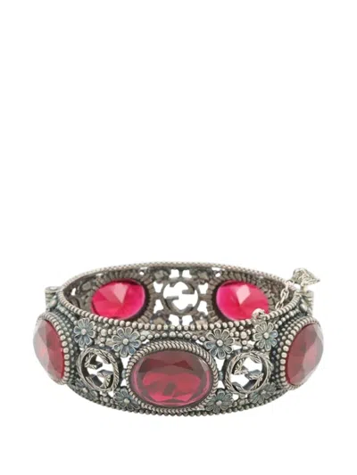 Pre-owned Gucci 2000-2015 Sterling Silver And Stone Interlocking G Flower Hinged Bangle Bracelet In Red