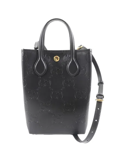 Pre-owned Gucci 2000-2015 Super Mini Gg Debossed Calfskin Satchel In Black