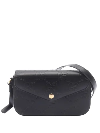 Pre-owned Gucci 2000-2015 Super Mini Gg Jumbo Embossed Leather Pochette Crossbody Bag In Black