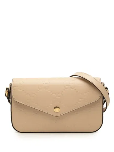 Pre-owned Gucci 2000-2015 Super Mini Gg Jumbo Embossed Leather Pochette Crossbody Bag In Neutrals