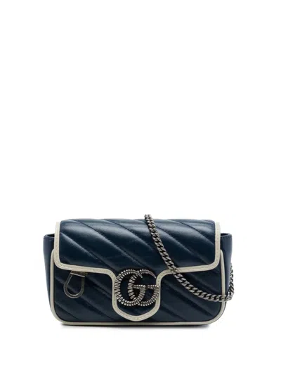 Pre-owned Gucci 2000-2015 Super Mini Gg Marmont Matelasse Leather Torchon Flap Crossbody Bag In Blue