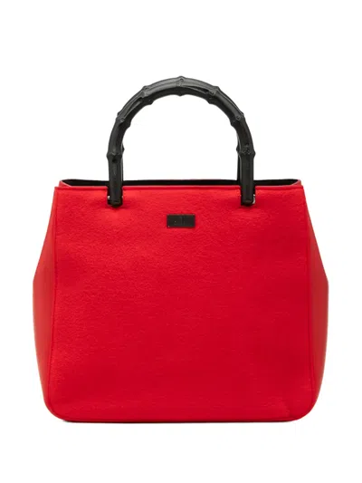 Pre-owned Gucci 2000-2015 Wool And Calfskin Bamboo Top Handle Bag Tote Bag In Red