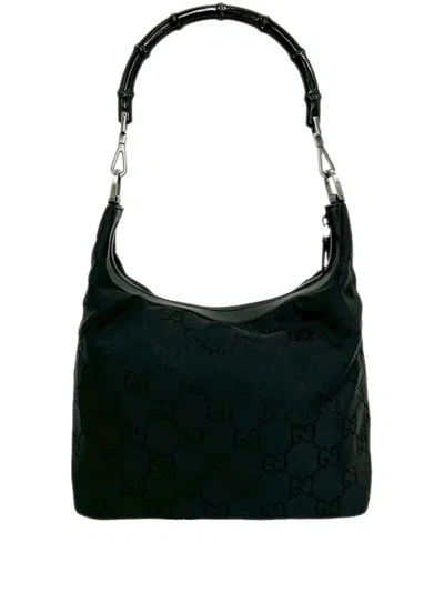 Pre-owned Gucci 2000-2016 Gg Nylon Bamboo Shoulder Bag In Black