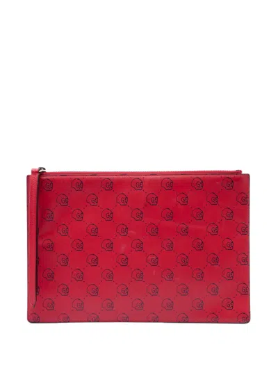 Pre-owned Gucci 2000-2017 Calfskin Ghost Hamlet Skull Zip Pouch Clutch Bag In Red
