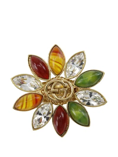 Pre-owned Gucci 2000-2026 Gold Plated Strass Interlocking G Flower Ring Costume Ring