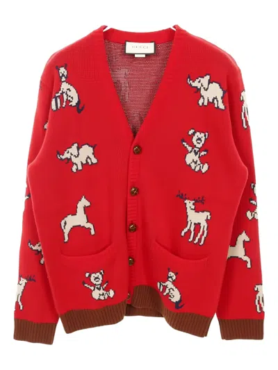 Pre-owned Gucci 2000s Animal Print Cardigan In Red
