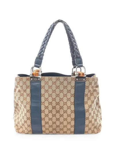Pre-owned Gucci 2000s Bamboo Gg Canvas Tote Bag In Neutral