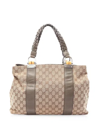 Pre-owned Gucci 2000s Bamboo Gg Canvas Tote Bag In Neutrals