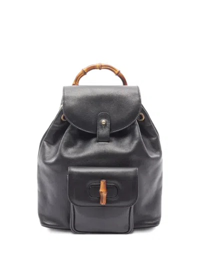 Pre-owned Gucci 2000s Bamboo Leather Backpack In Black
