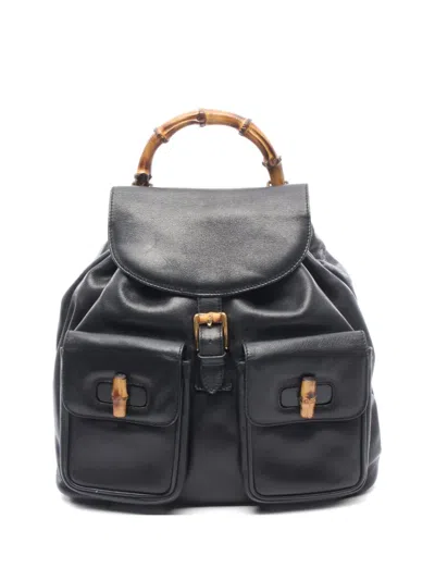 Pre-owned Gucci 2000s Bamboo Leather Backpack In Black