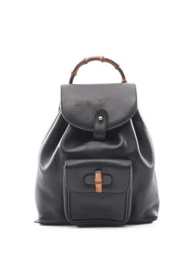 Pre-owned Gucci 2000s Bamboo Leather Backpack In Black