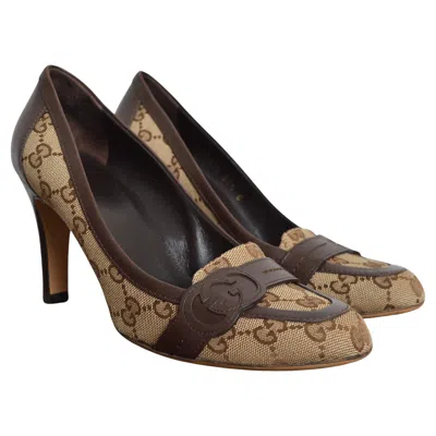 Pre-owned Gucci 2000s  Canvas Jacquard Monogram Rounded Toe Court Shoes Y2k High Heels In Black