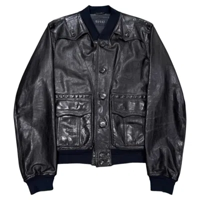 Pre-owned Gucci 2000s  Cargo Leather Bomber Jacket In Black