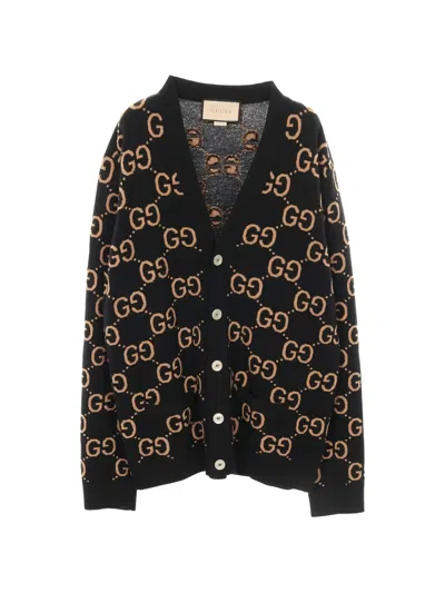 Pre-owned Gucci 2000s Jacquard Wool Cardigan In Black