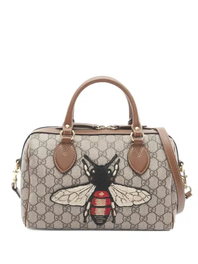 Pre-owned Gucci 2000s Mini Boston Gg-supreme Tote Bag In Neutral