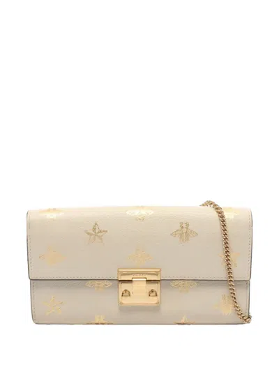 Pre-owned Gucci 2000s Padlock Bee And Star-print Chain Wallet In Neutral