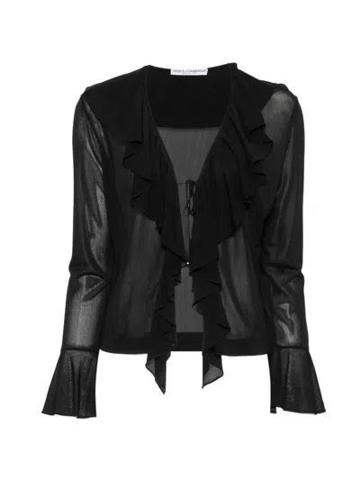 Pre-owned Gucci 2000s Ruffled Sheer Blouse In Black