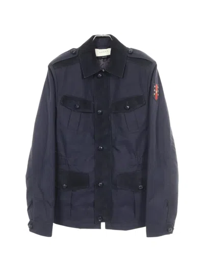 Pre-owned Gucci 2000s Suede-trim Military Jacket In Blue