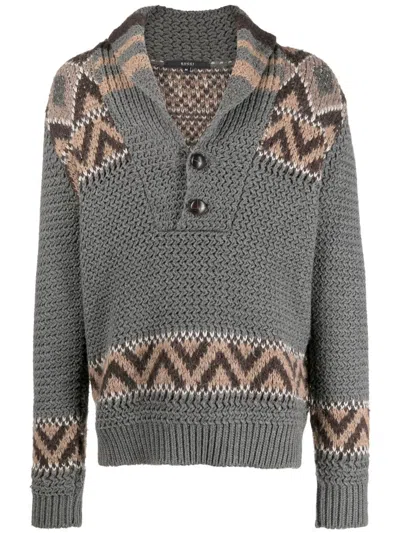 Pre-owned Gucci 2000s Zigzag Pattern Shawl Lapels Jumper In Grey