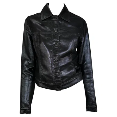 Pre-owned Gucci 2001  By Tom Ford Navy Lurex Metallic Denim Trucker Logo Button Jacket It40 In Blue