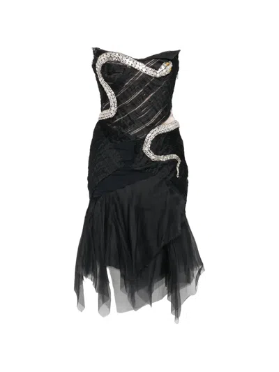 Pre-owned Gucci 2004 Crystal-snake Strapless Dress In Black