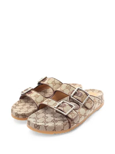 Pre-owned Gucci 2010s Gg Canvas Buckle Slide Sandals In Neutrals