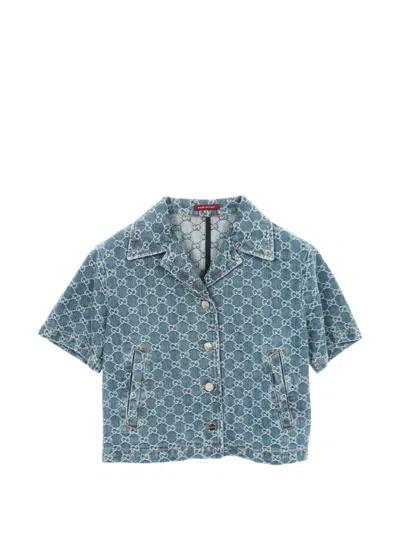 Pre-owned Gucci 2010s Gg Jacquard Denim Shirt In Blue