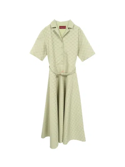 Pre-owned Gucci 2010s Gg Pattern Belted Midi Dress In Green