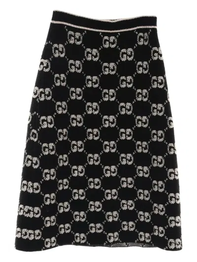Pre-owned Gucci 2010s Gg Wool Midi Skirt In Black