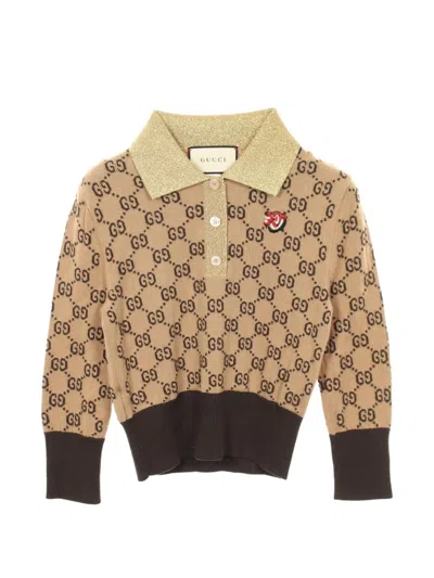 Pre-owned Gucci 2010s Gg-pattern Wolf Patch Cropped Wool Polo Shirt In Neutral