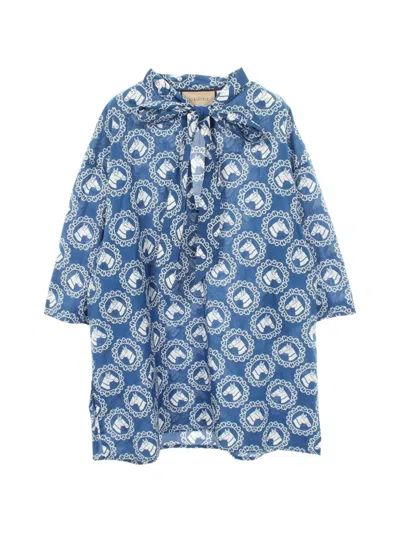 Pre-owned Gucci 2010s Horse-print Bow Tie Blouse In Blue