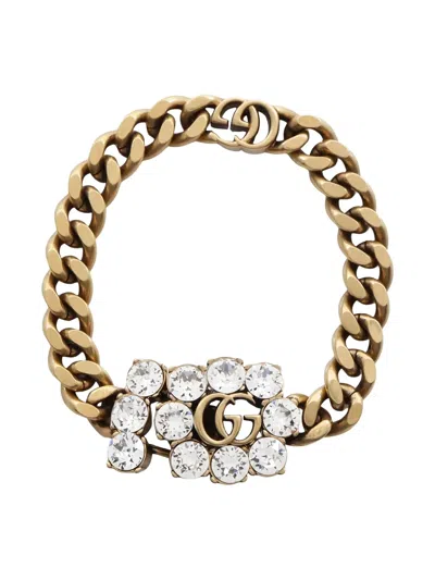 Pre-owned Gucci 2010s Interlocking G Logo Crystal Bracelet In Gold