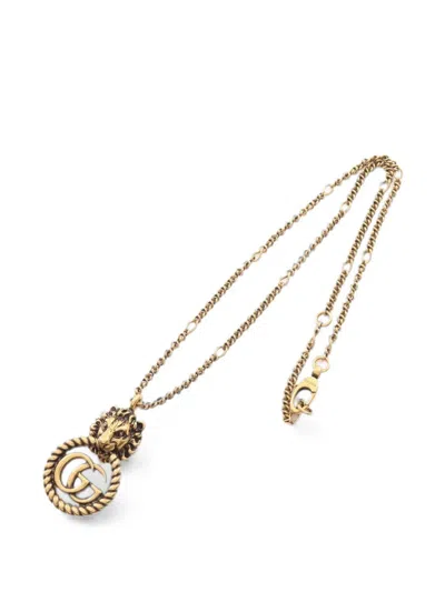 Pre-owned Gucci 2010s Lion Head Gg Marmont Necklace In Gold
