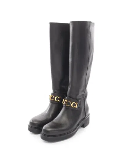 Pre-owned Gucci 2010s Logo-strap Knee-high Boots In Black