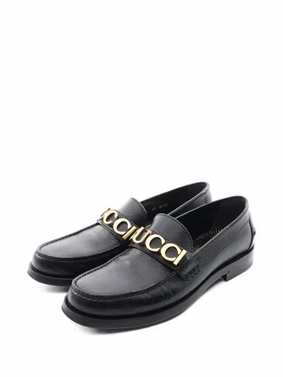 Pre-owned Gucci 2010s Metal Logo Leather Loafers In Black