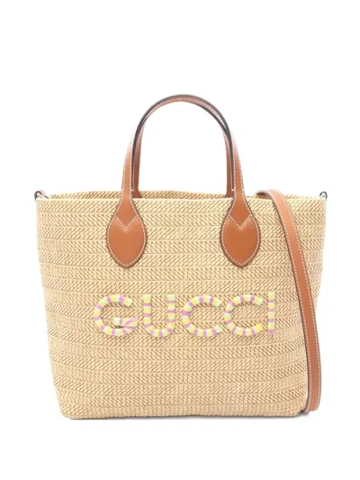 Pre-owned Gucci 2010s Raffia Leather-trim Basket Bag In Neutral
