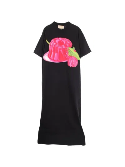 Pre-owned Gucci 2010s Rose Print Logo Dress In Black