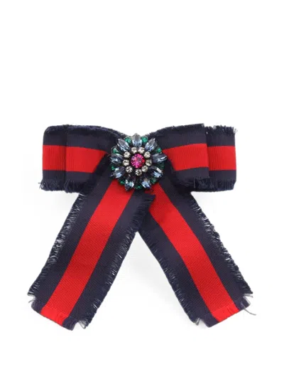 Pre-owned Gucci 2010s Web Grosgrain Rhinestone-embellishment Brooch In Blue