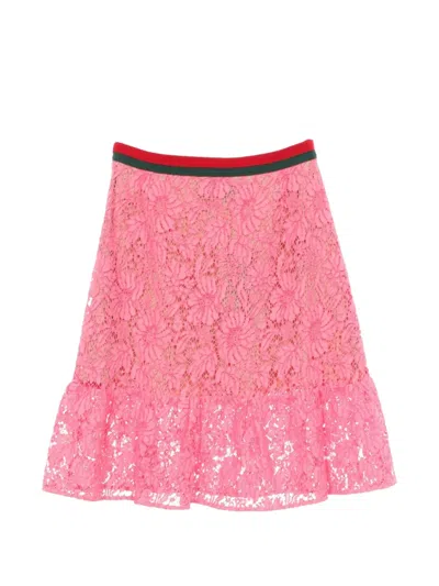 Pre-owned Gucci 2010s Web-stripe Lace Midi Skirt In Pink