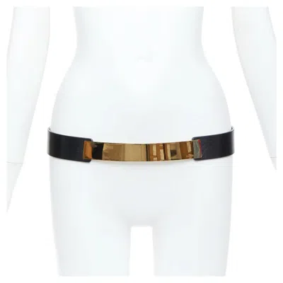 Pre-owned Gucci 2012 Runway Gold Metal Bar Plate Black Smooth Leather Wide Waist Belt 80cm