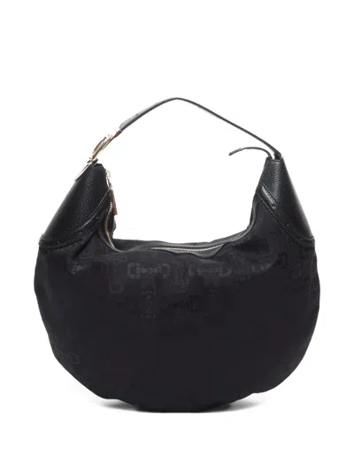 Pre-owned Gucci 2015-2024 Horsebit Pattern Leather One Shoulder Bag In Black