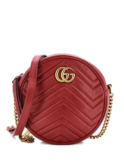 Pre-owned Gucci 2015-2025 Gg Marmont Round Shoulder Bag Matelasse Leather Mini Crossbody Bag In Red