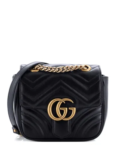 Pre-owned Gucci 2015-2025 Gg Marmont Square Flap Bag Matelasse Leather Mini Crossbody Bag In Black