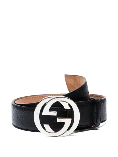 Pre-owned Gucci 2015-2025 Monogram-pattern Leather Belt In Black